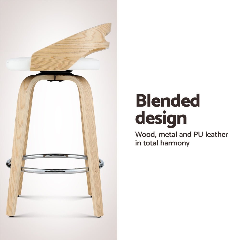 Brennan Leather Swivel Bar Stools 64cm Timber White (Set of 2) - Barstool Express