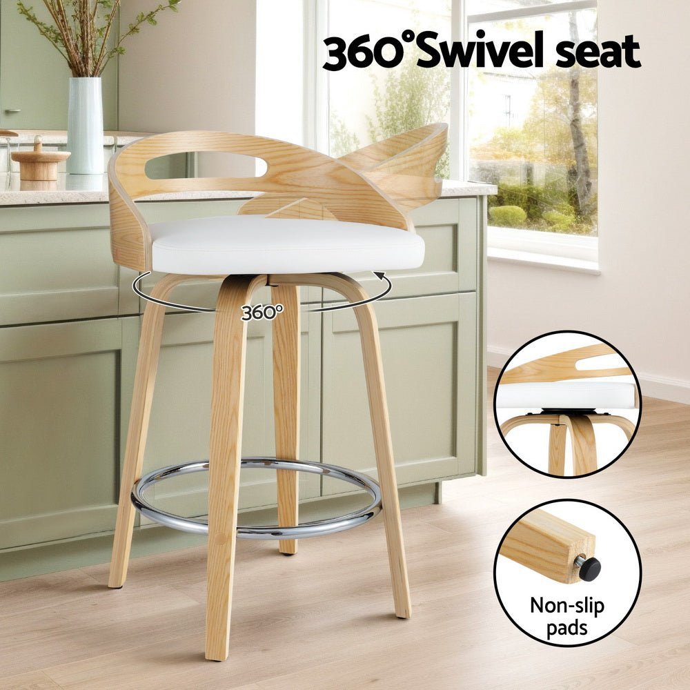 Brennan Leather Swivel Bar Stools 64cm Timber White (Set of 4) - Barstool Express