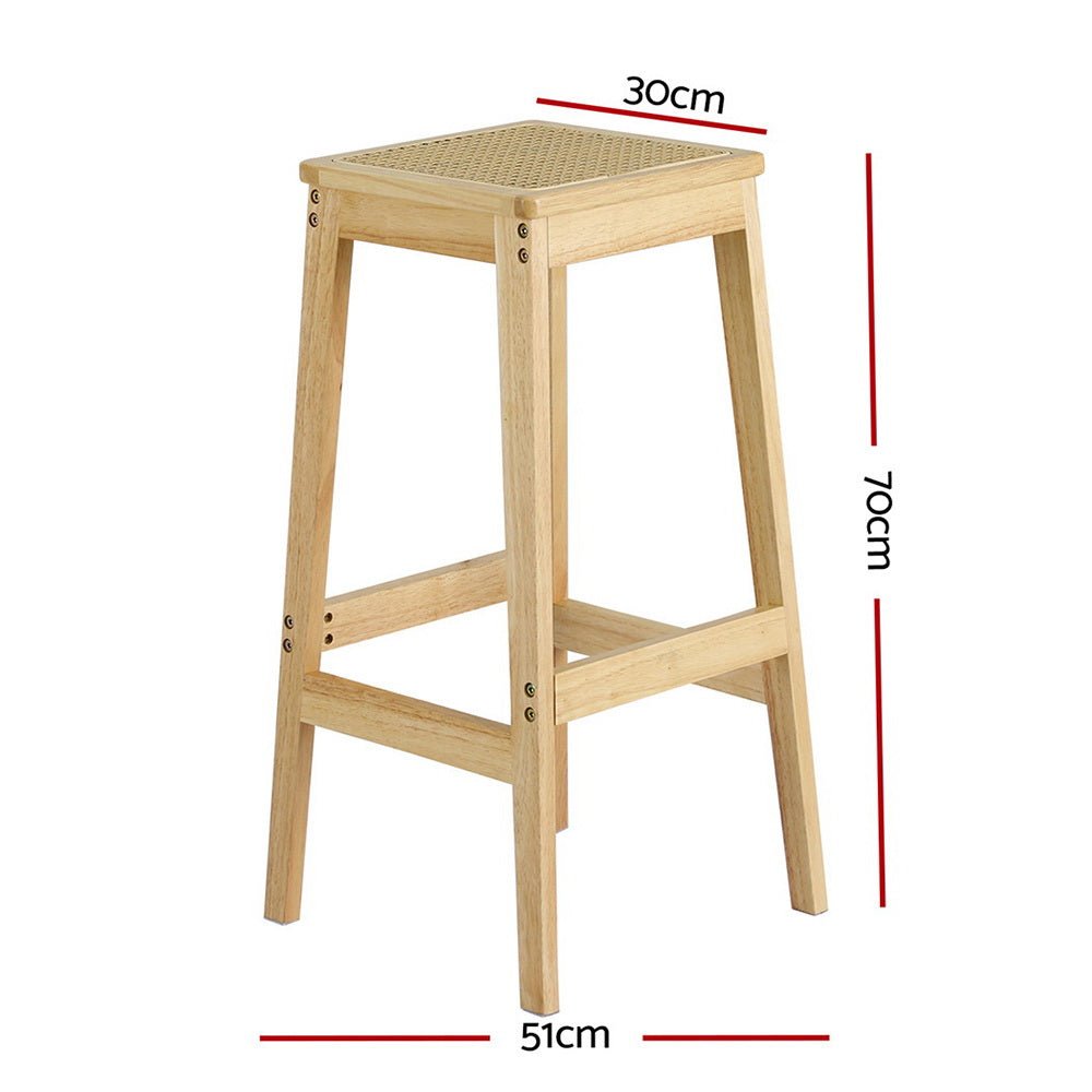 Wooden rattan bar stool with dimensions labeled on a white background