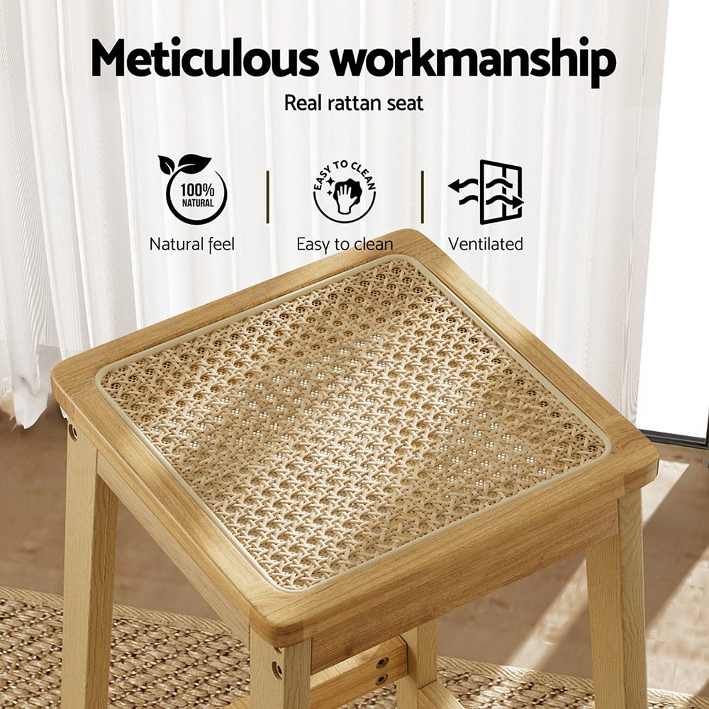 Wooden stool with rattan seat in a room setting, featuring text on workmanship and product features.