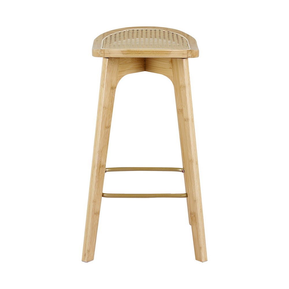Wooden bar stool with woven rattan seat on a white background