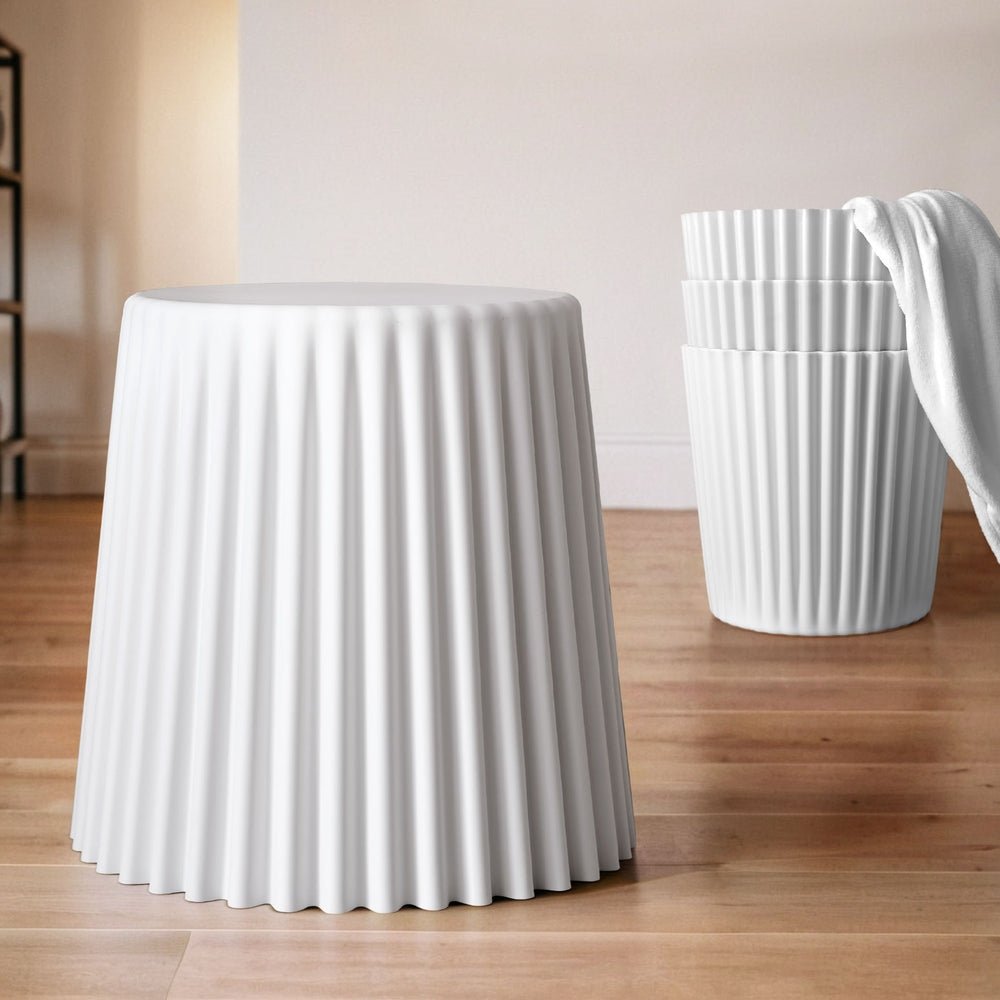 White modern stackable storage stools - durable plastic side table and seat.