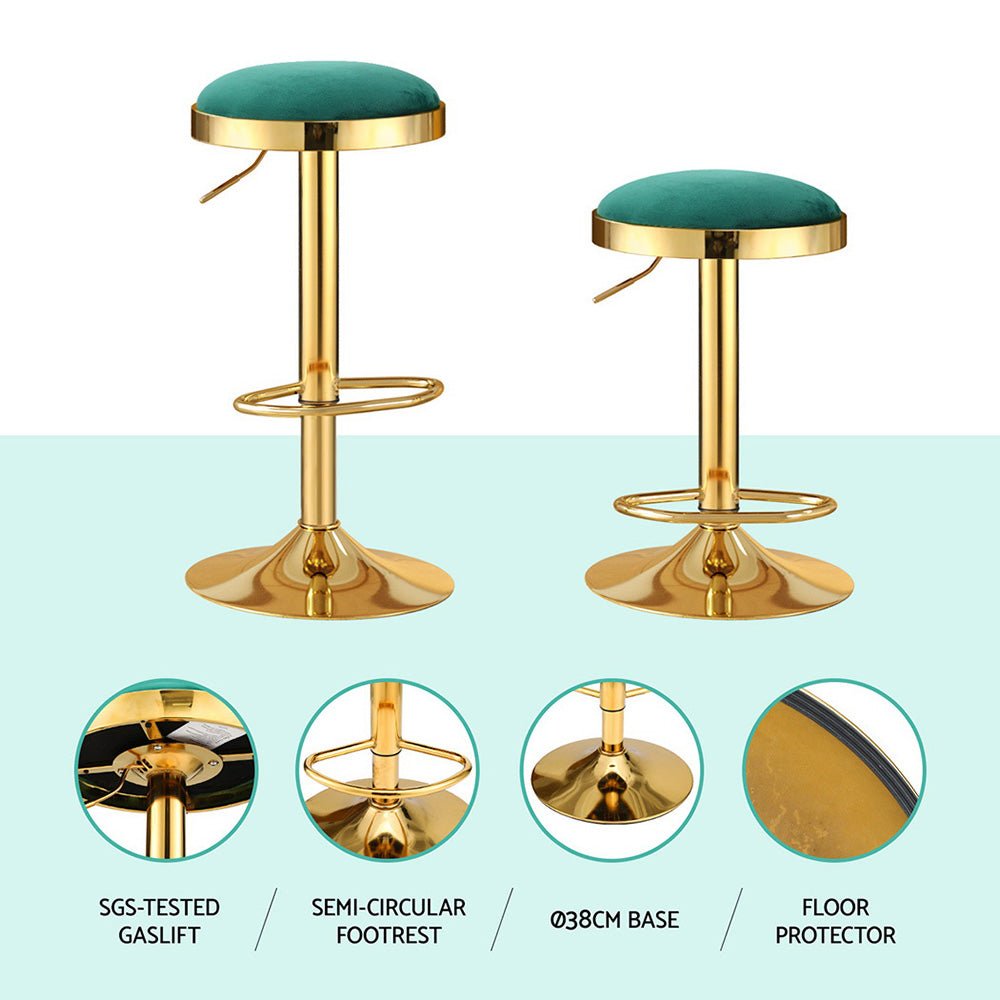 Emerald Velvet Adjustable Bar Stools Gold & Green (Set of 2) - Barstool Express