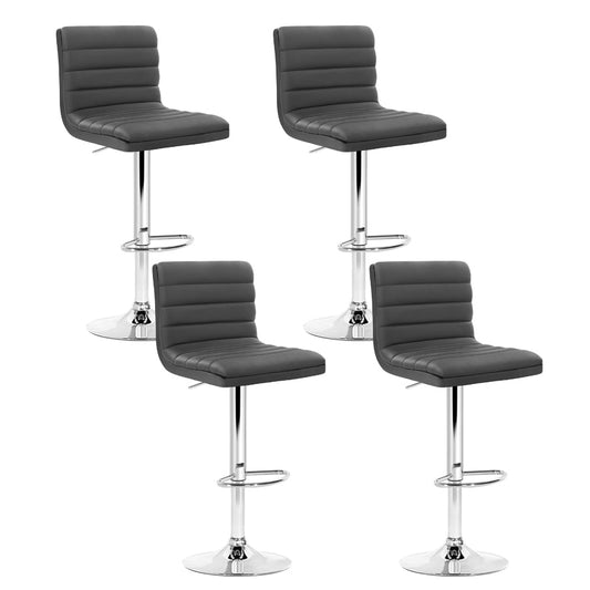 Four gray bar stools with chrome bases on a white background