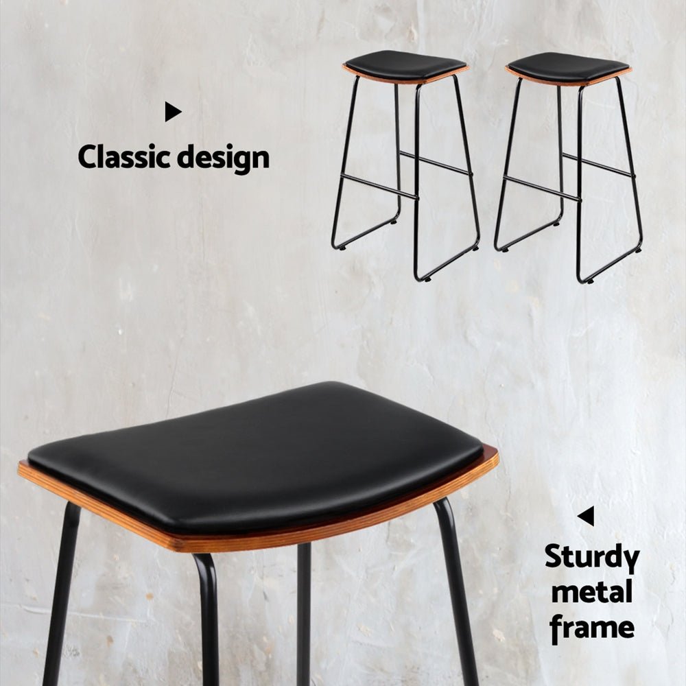 Flynn Leather Padded Timber Bar Stools 76cm Black (Set of 2) - Barstool Express