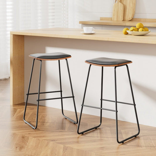 Flynn Leather Padded Timber Bar Stools 76cm Black (Set of 2) - Barstool Express