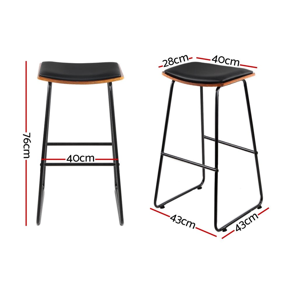 Flynn Leather Padded Timber Bar Stools 76cm Black (Set of 2) - Barstool Express