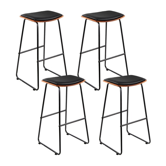 Four black bar stools with wooden seats on a white background