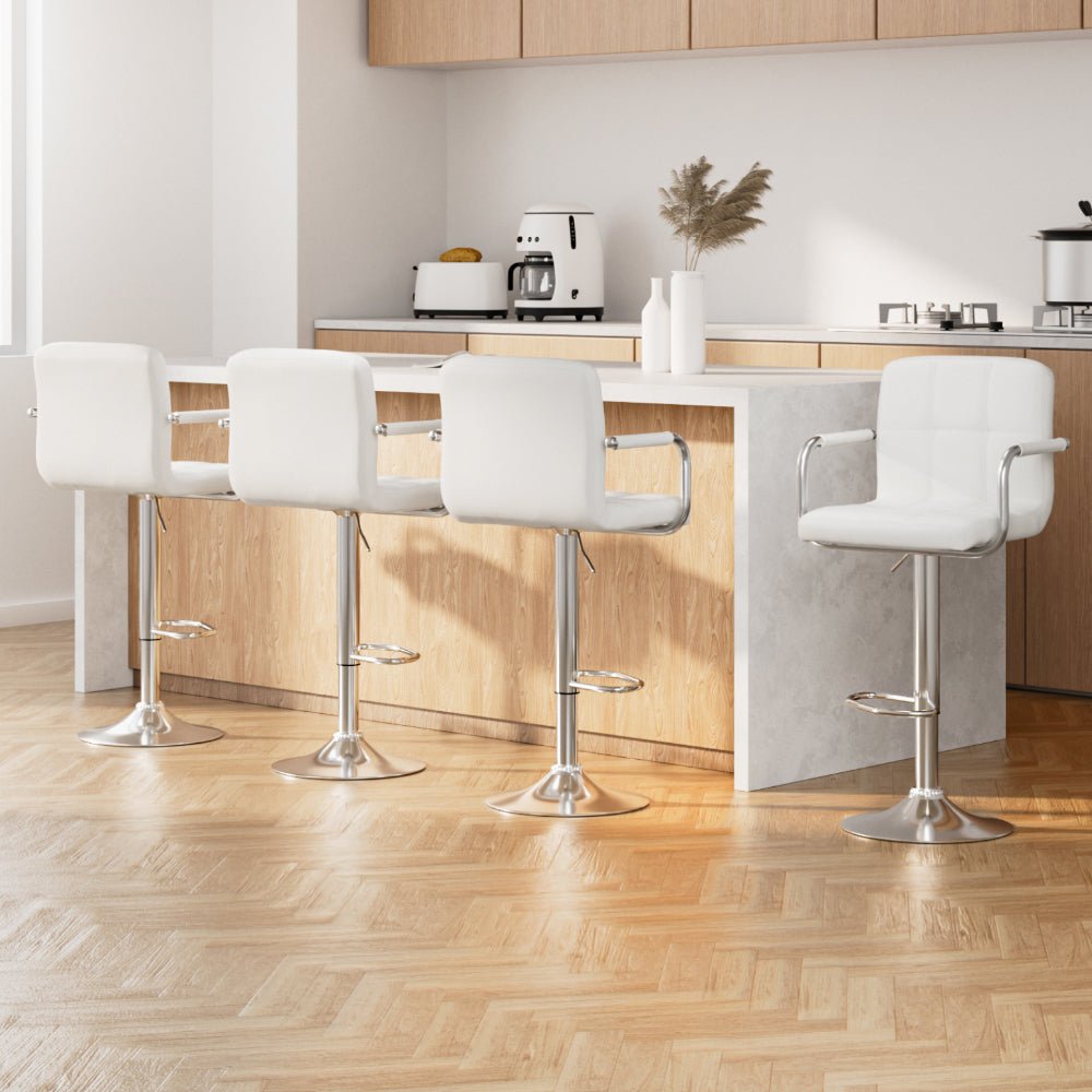 Indi Leather Padded Adjustable Bar Stools w/Armrest White (Set of 4) - Barstool Express