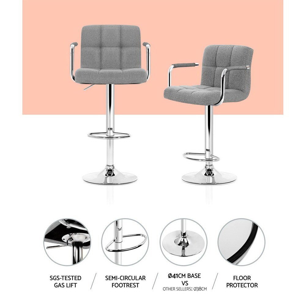 Indi Linen Fabric Adjustable Bar Stools w/Armrest Grey (Set of 2) - Barstool Express