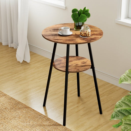 Small round wooden table with black legs on a wooden floor.