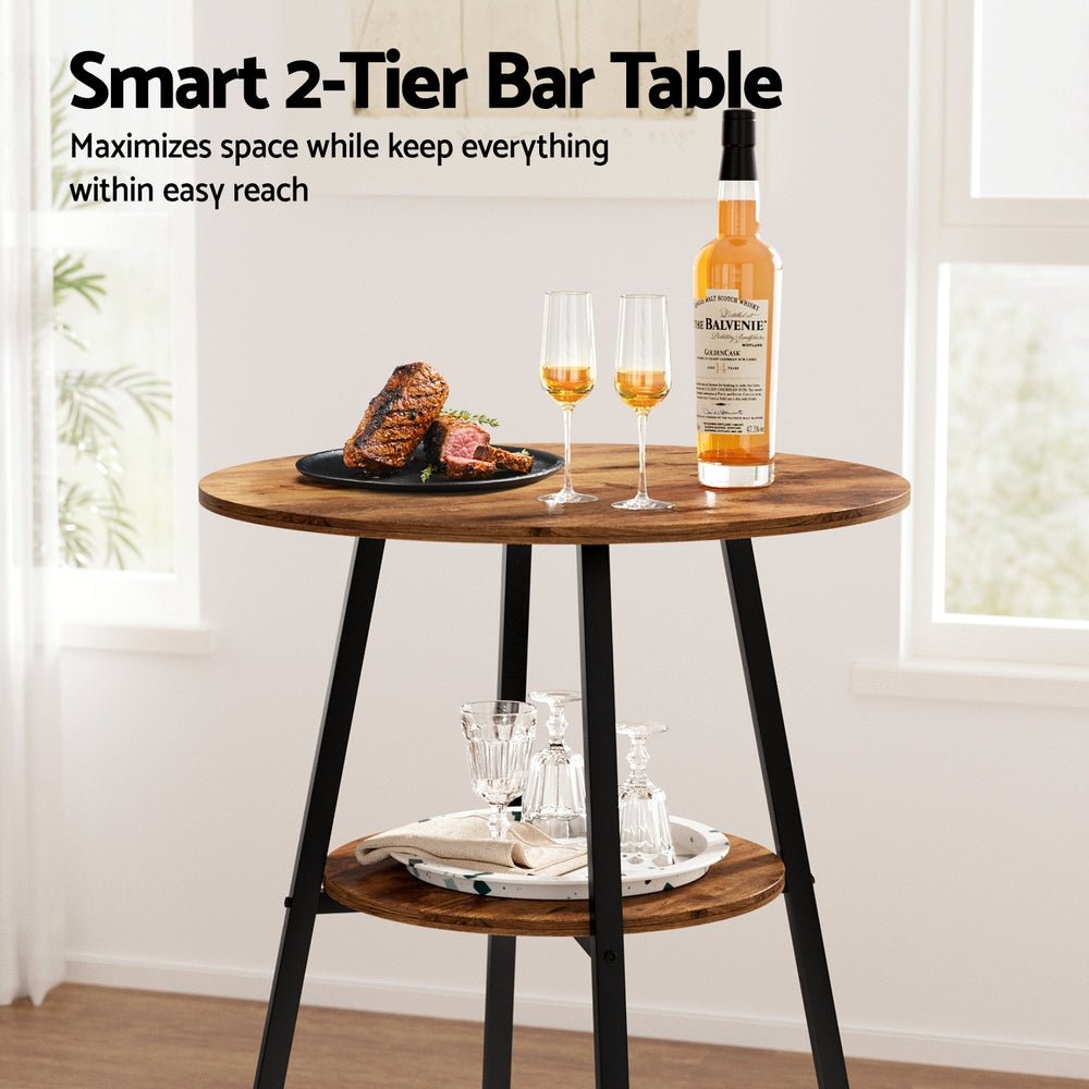 Industrial Wooden Bar Table with 2 - Tier Organiser 95cm Rustic Brown - Barstool Express
