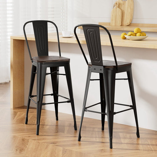 Ivan Industrial Metal Bar Stools 76cm Black & Walnut Wood (Set of 2) - Barstool Express
