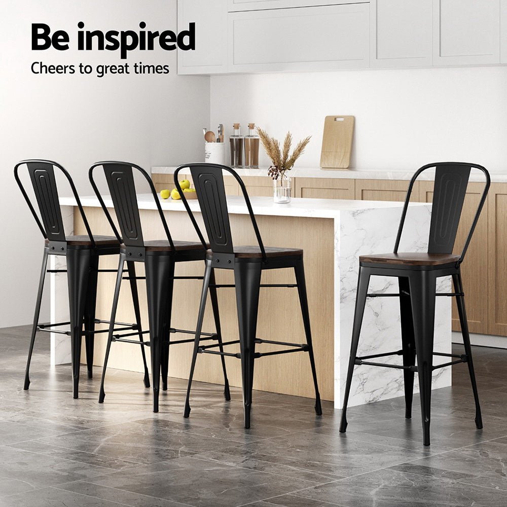 Ivan Industrial Metal Bar Stools 76cm Black & Walnut Wood (Set of 2) - Barstool Express