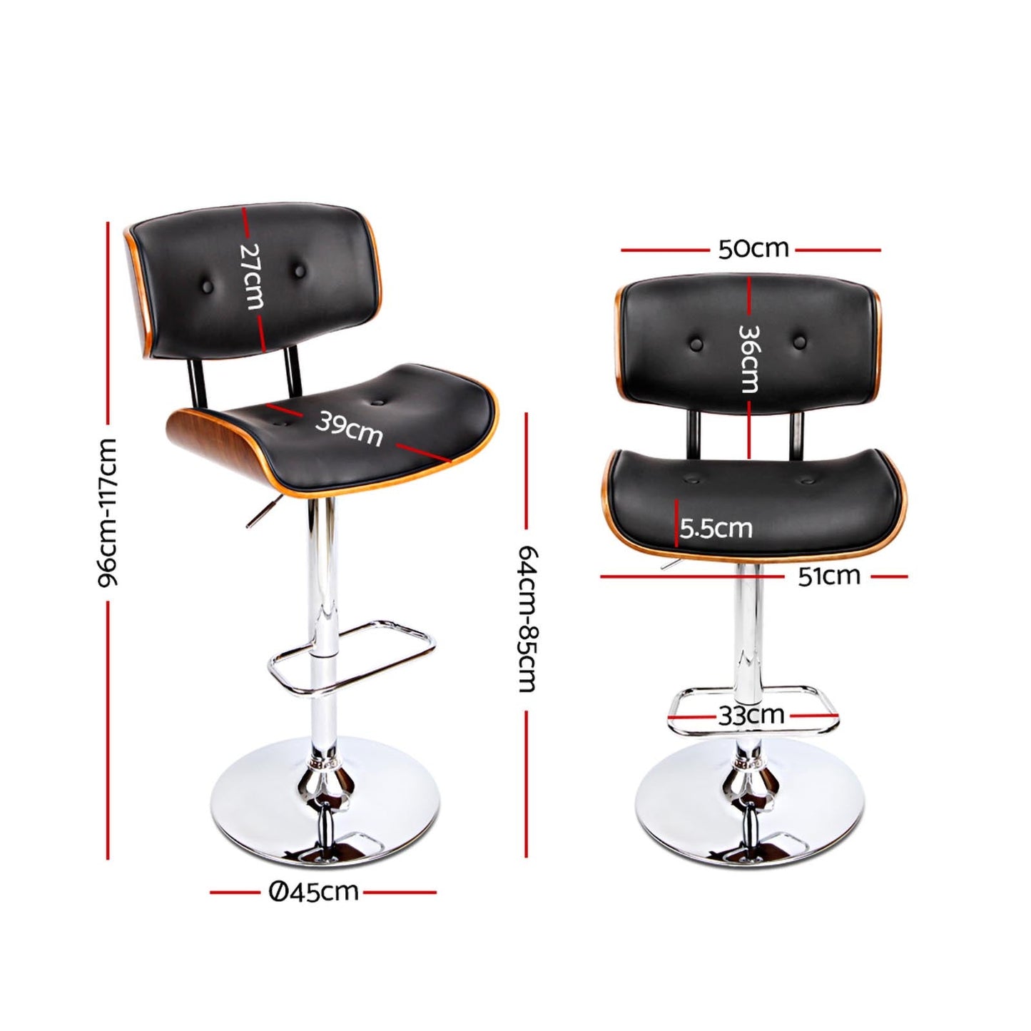 Jace Leather Timber Adjustable Bar Stools Chrome Black (Set of 2) - Barstool Express