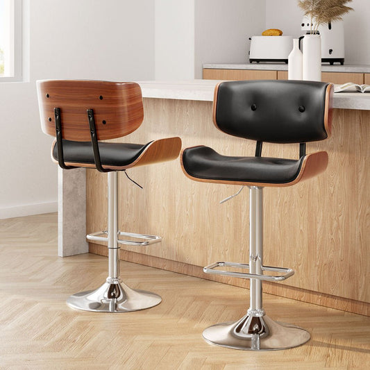 Jace Leather Timber Adjustable Bar Stools Chrome Black (Set of 2) - Barstool Express