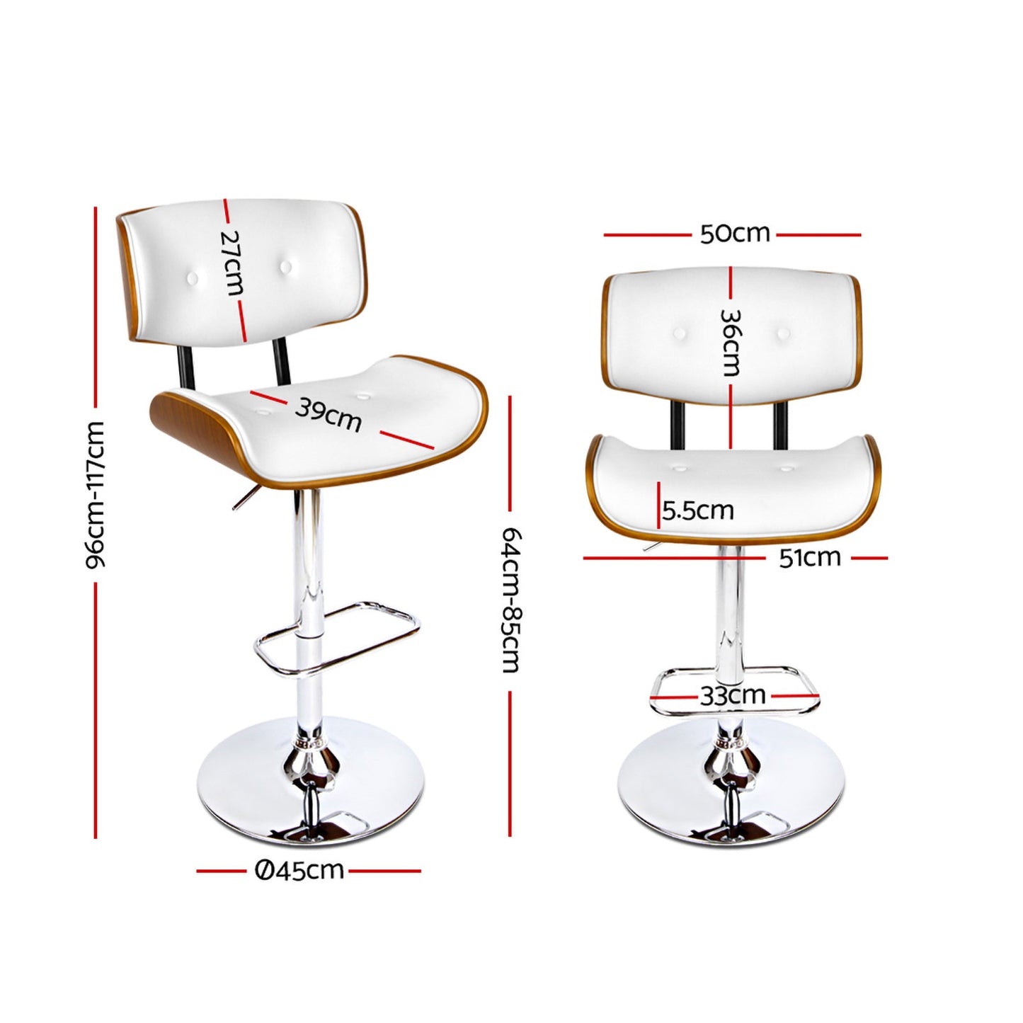 Jace Leather Timber Adjustable Bar Stools Chrome White (Set of 2) - Barstool Express