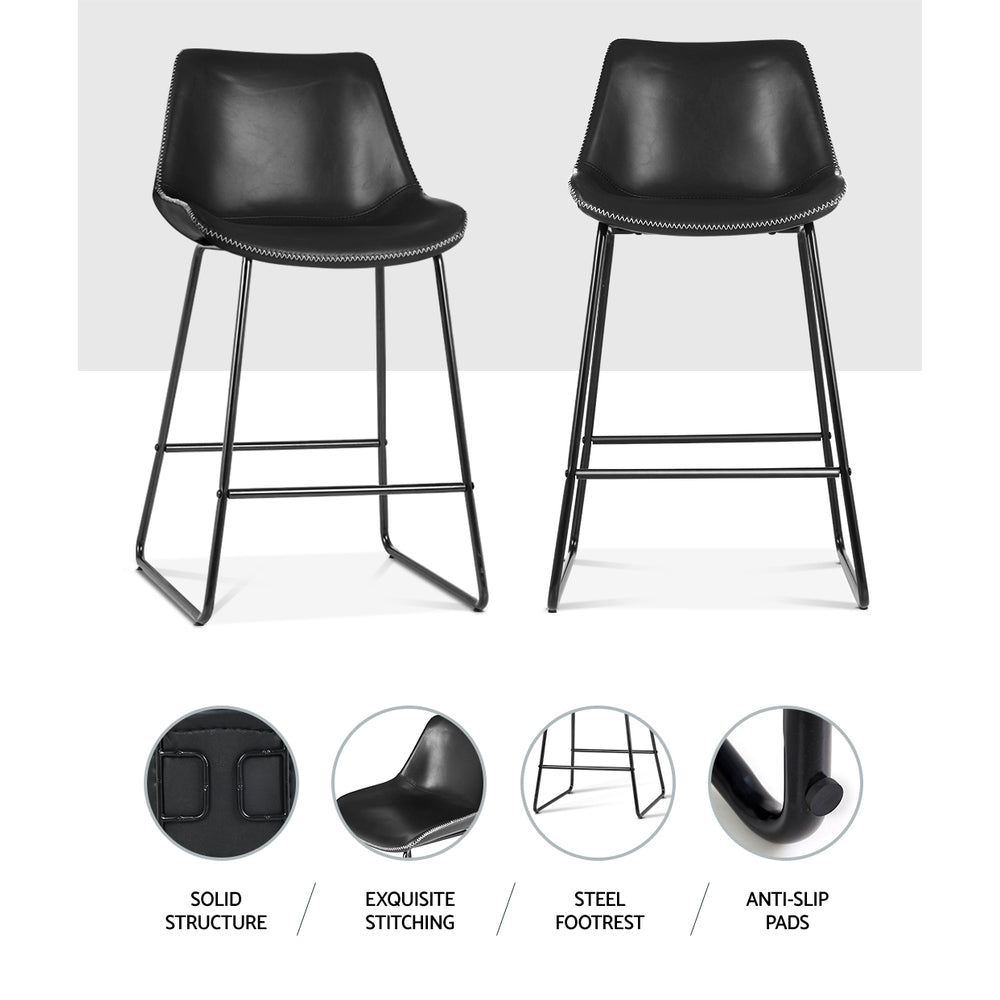 James Leather Bar Stools with Stitching 70cm Black (Set of 2) - Barstool Express