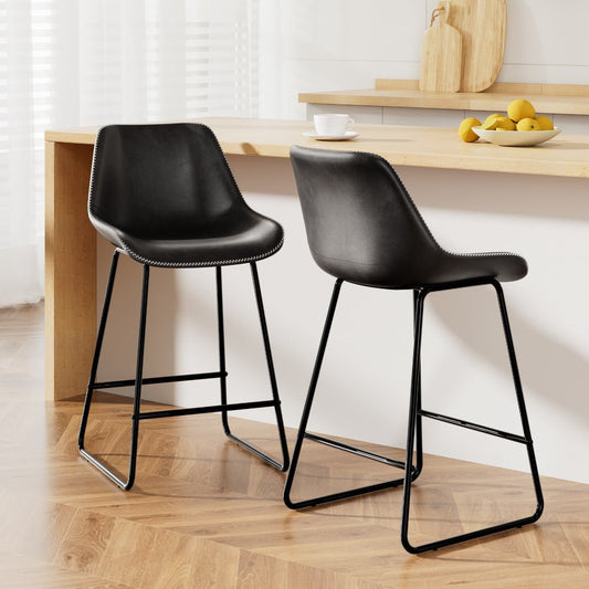 James Leather Bar Stools with Stitching 70cm Black (Set of 2) - Barstool Express