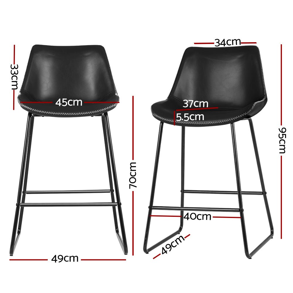 James Leather Bar Stools with Stitching 70cm Black (Set of 2) - Barstool Express
