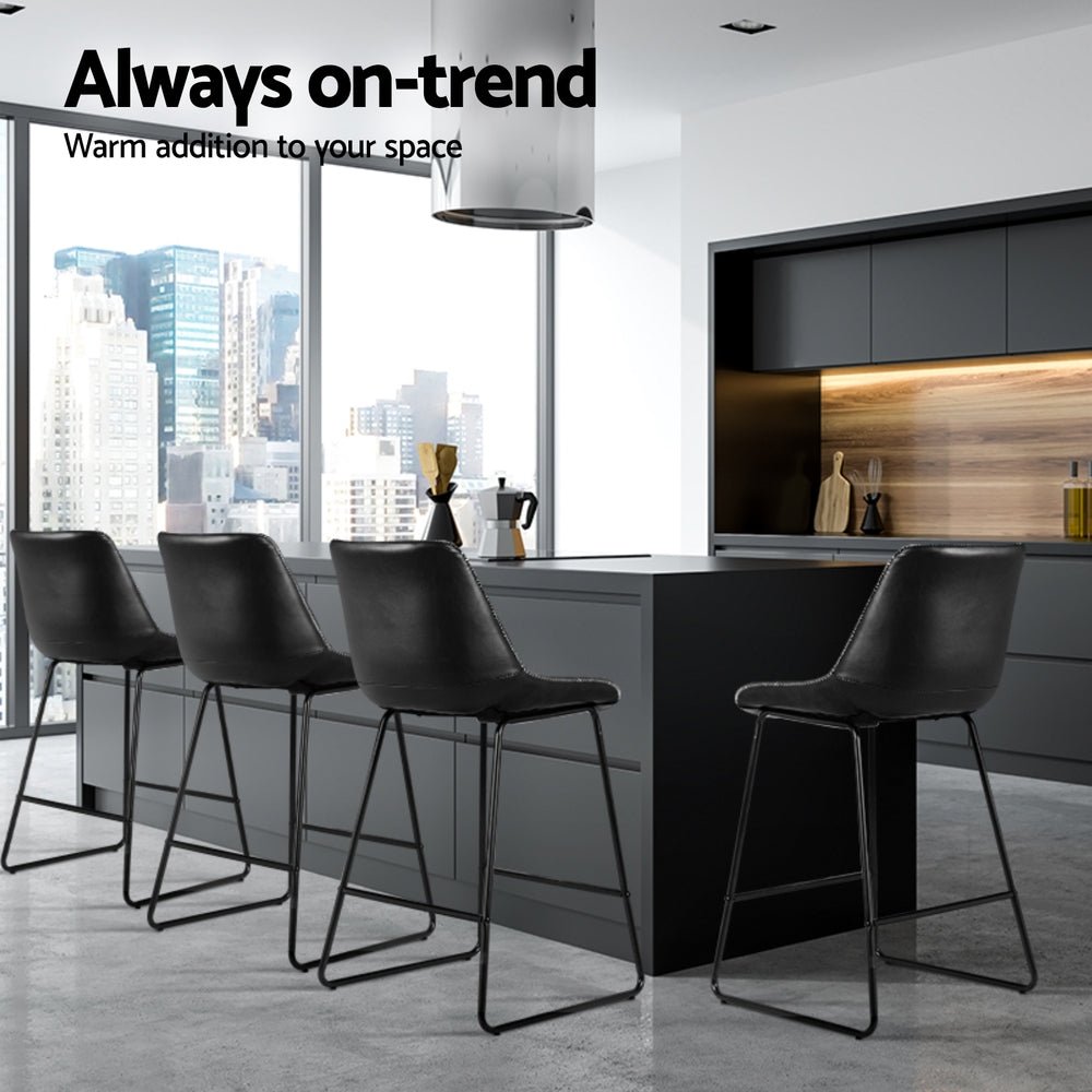 James Leather Bar Stools with Stitching 70cm Black (Set of 4) - Barstool Express