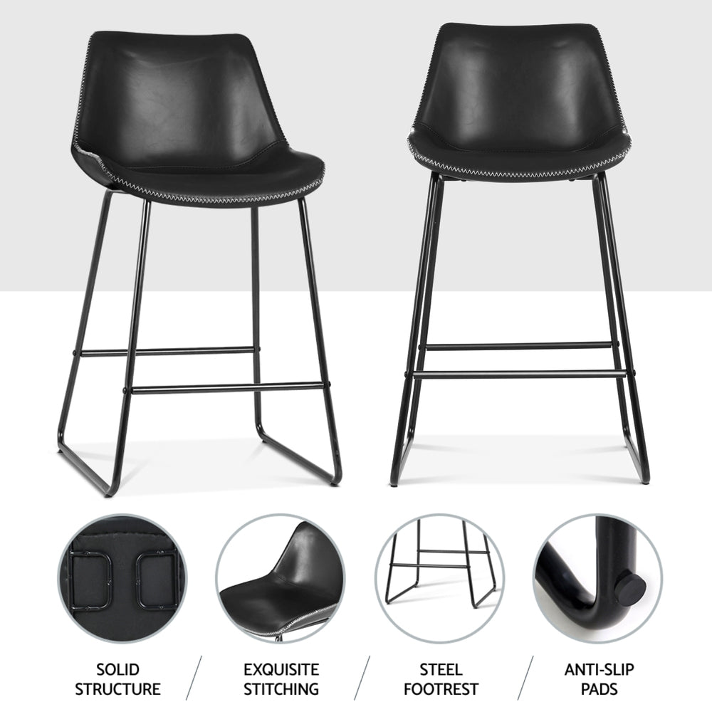 James Leather Bar Stools with Stitching 70cm Black (Set of 4) - Barstool Express
