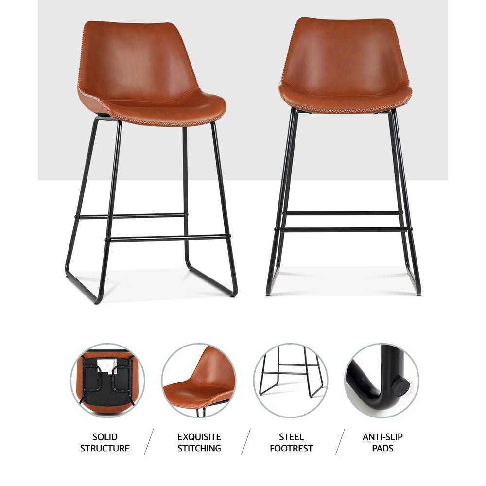 James Leather Bar Stools with Stitching 70cm Brown (Set of 2) - Barstool Express