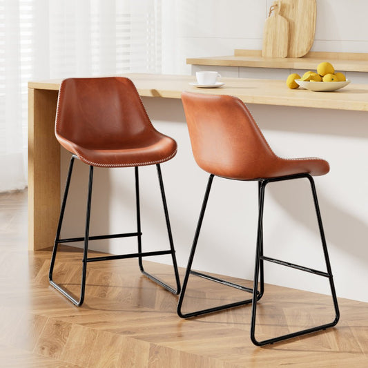James Leather Bar Stools with Stitching 70cm Brown (Set of 2) - Barstool Express