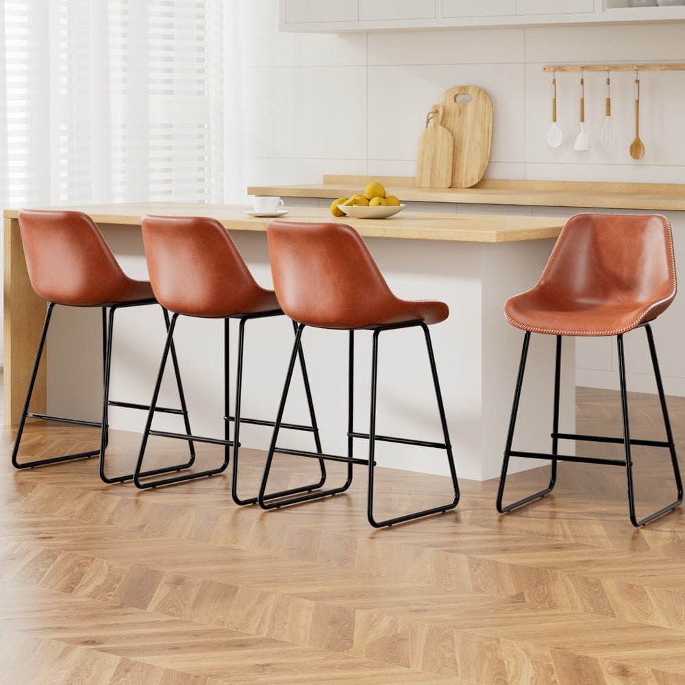 James Leather Bar Stools with Stitching 70cm Brown (Set of 4) - Barstool Express
