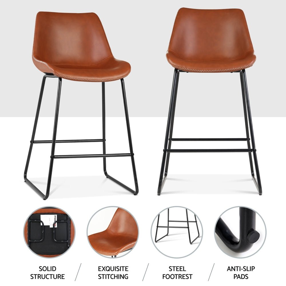 James Leather Bar Stools with Stitching 70cm Brown (Set of 4) - Barstool Express