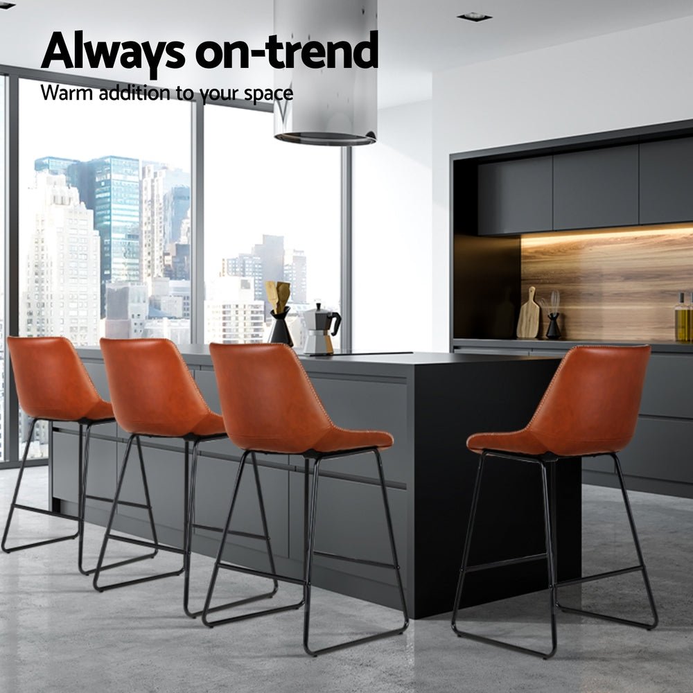 James Leather Bar Stools with Stitching 70cm Brown (Set of 4) - Barstool Express