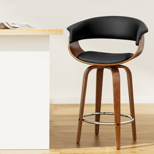 Jasper Leather Timber Swivel Bar Stool 65cm Black - Barstool Express