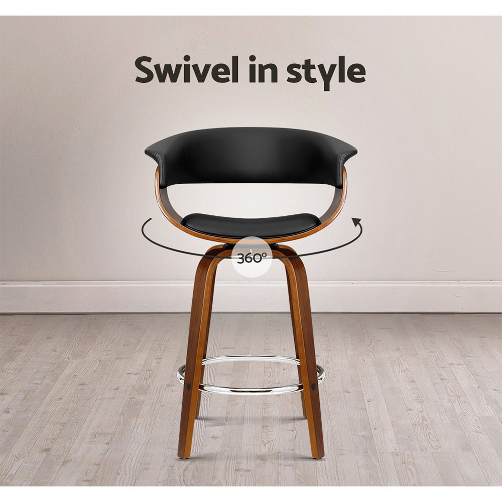 Jasper Leather Timber Swivel Bar Stool 65cm Black - Barstool Express
