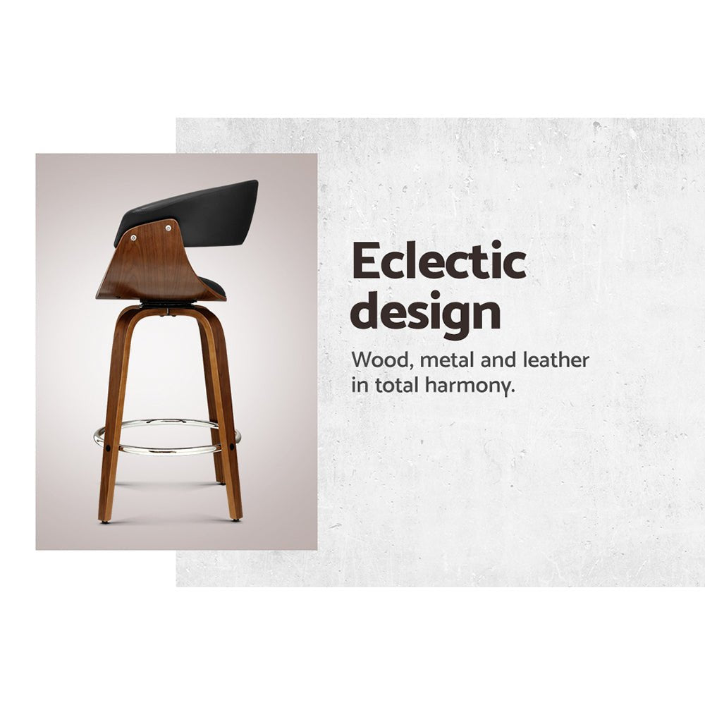Jasper Leather Timber Swivel Bar Stool 65cm Black - Barstool Express