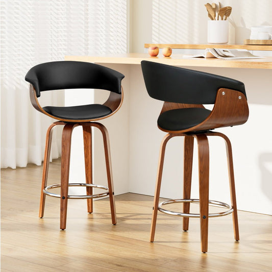 Jasper Leather Timber Swivel Bar Stools 65cm Black (Set of 2) - Barstool Express