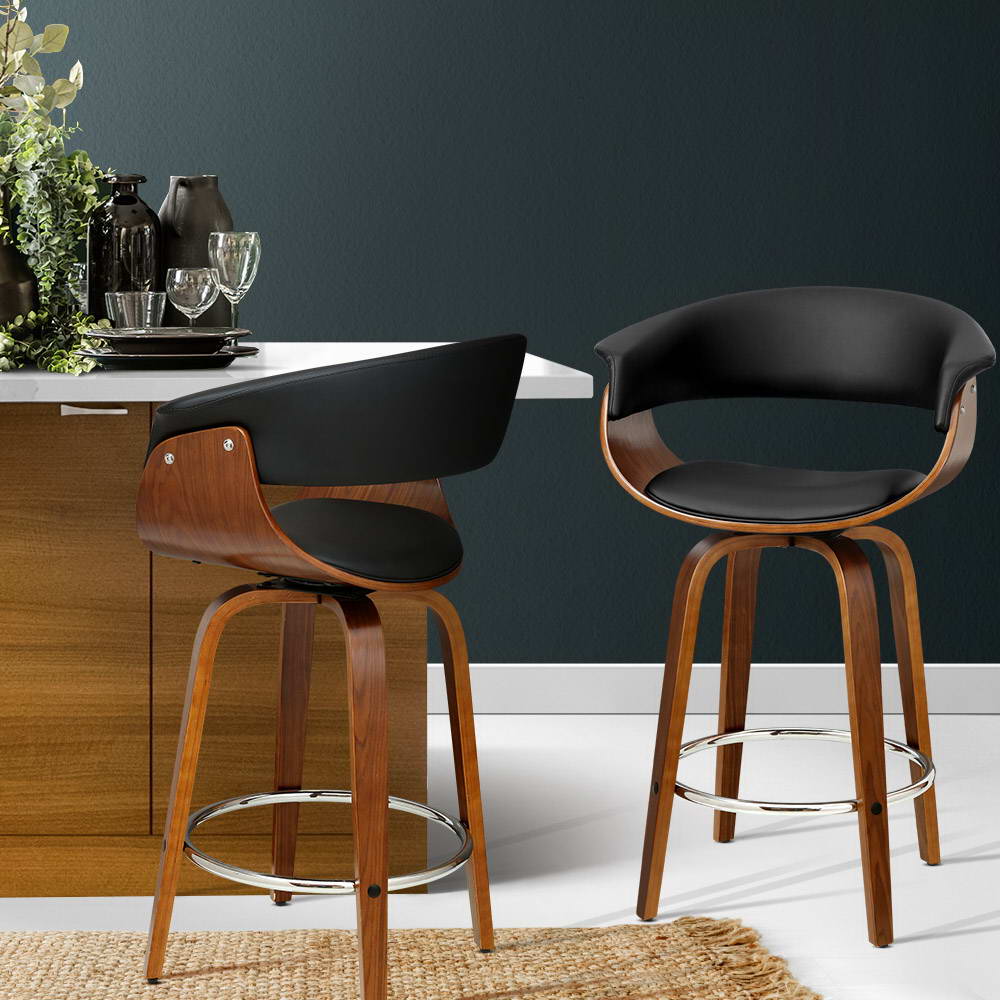 Jasper Leather Timber Swivel Bar Stools 65cm Black (Set of 2) - Barstool Express