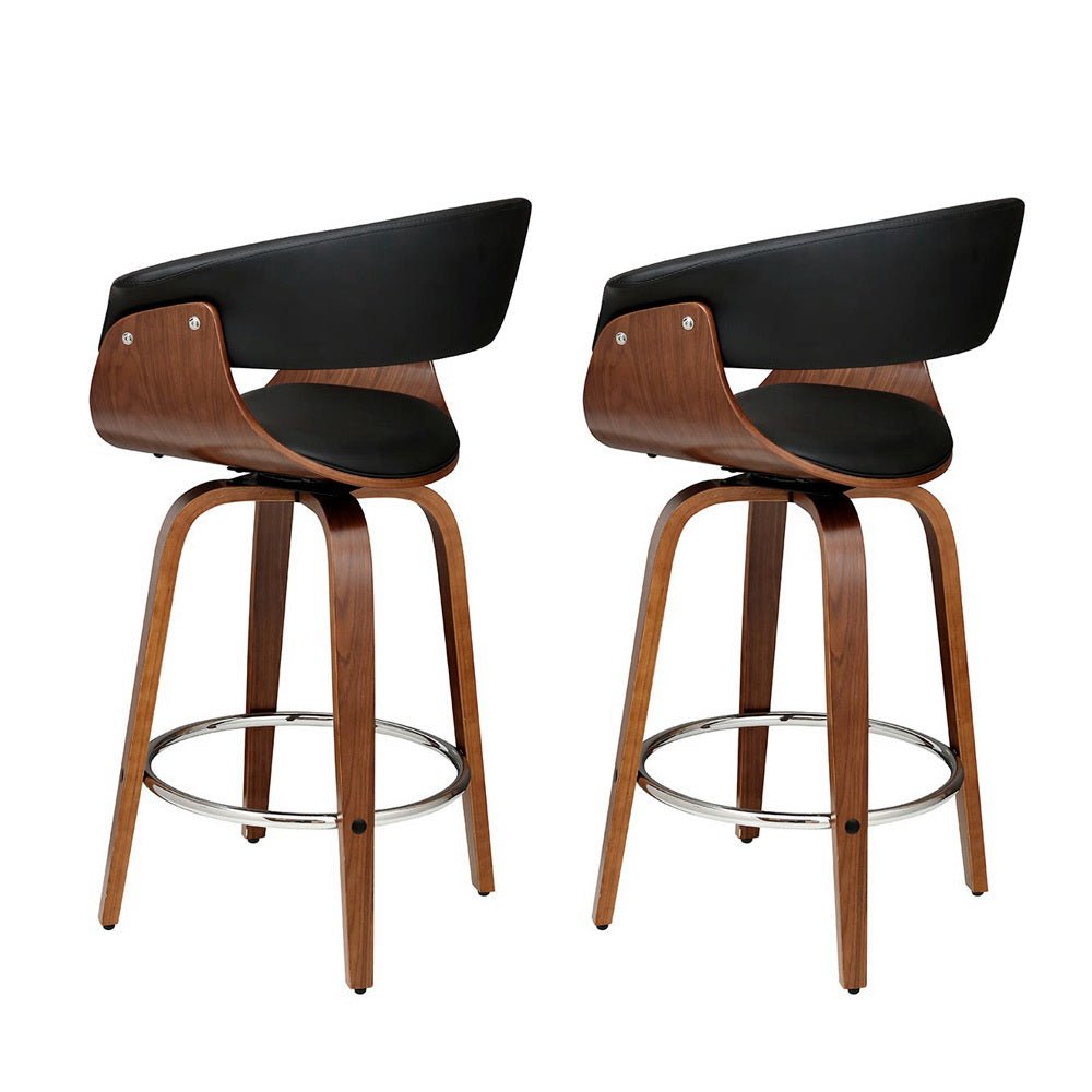 Jasper Leather Timber Swivel Bar Stools 65cm Black (Set of 2) - Barstool Express
