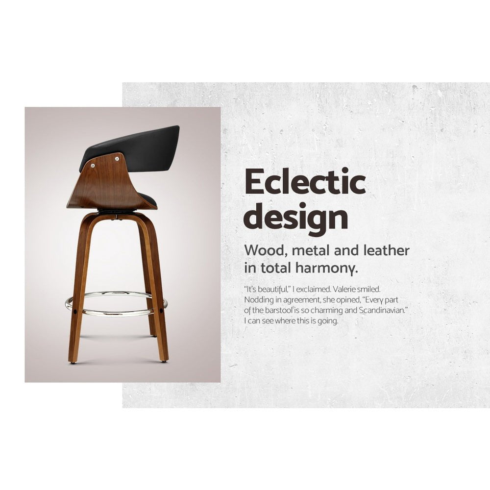 Jasper Leather Timber Swivel Bar Stools 65cm Black (Set of 2) - Barstool Express