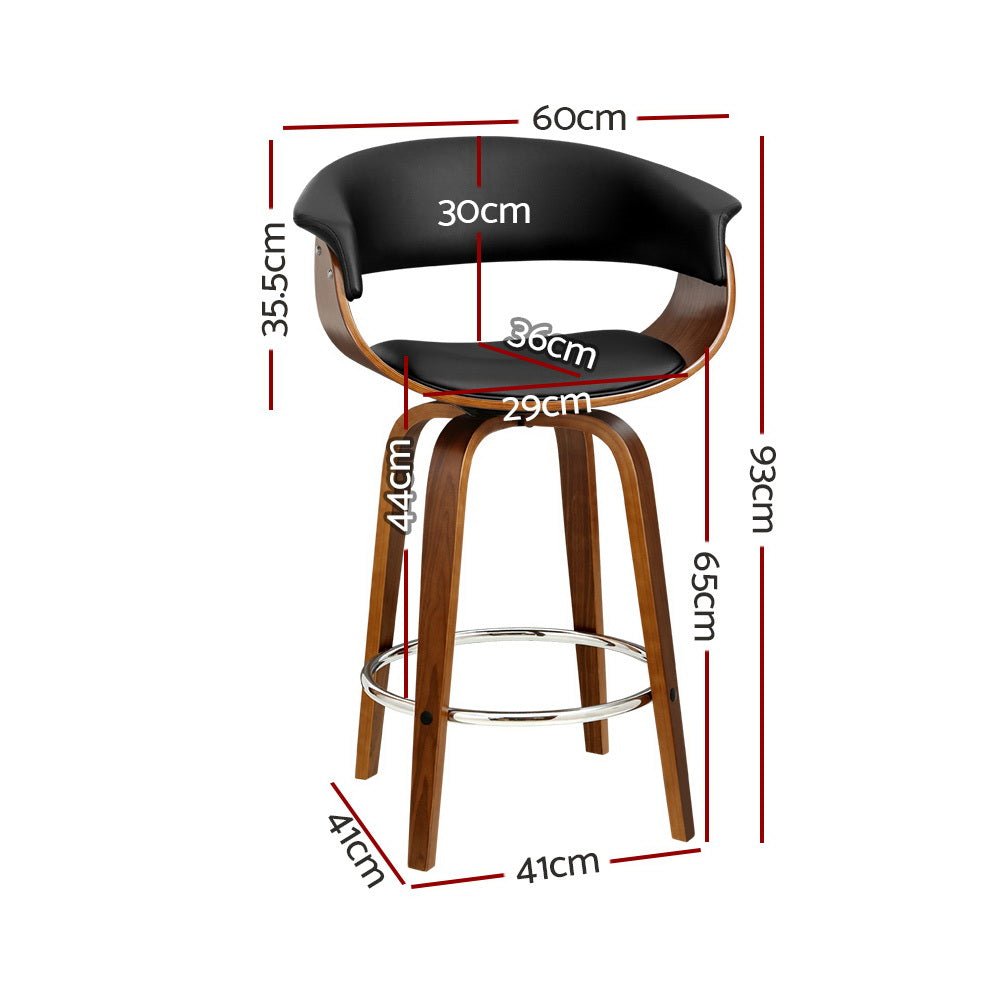 Jasper Leather Timber Swivel Bar Stools 65cm Black (Set of 4) - Barstool Express