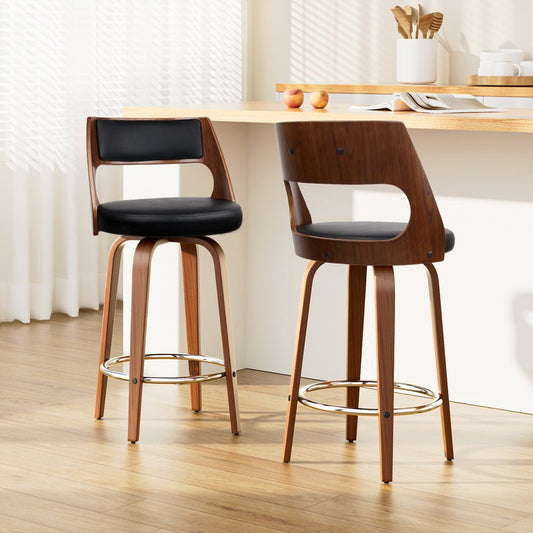 Jock Leather Timber Swivel Bar Stools 65cm Brown & Black (Set of 2) - Barstool Express