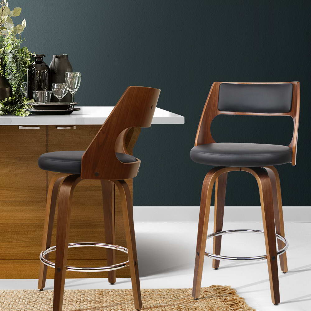 Jock Leather Timber Swivel Bar Stools 65cm Brown & Black (Set of 2) - Barstool Express