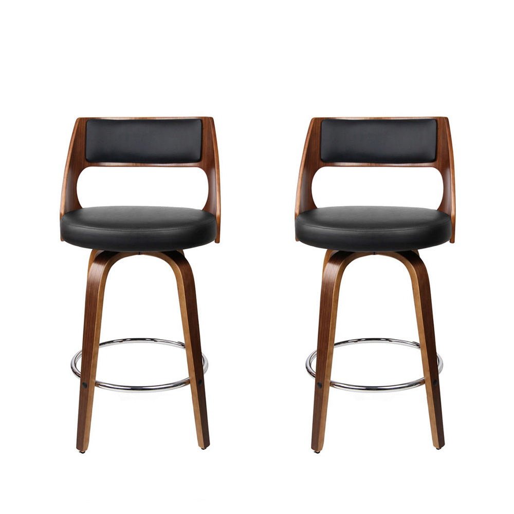 Jock Leather Timber Swivel Bar Stools 65cm Brown & Black (Set of 2) - Barstool Express