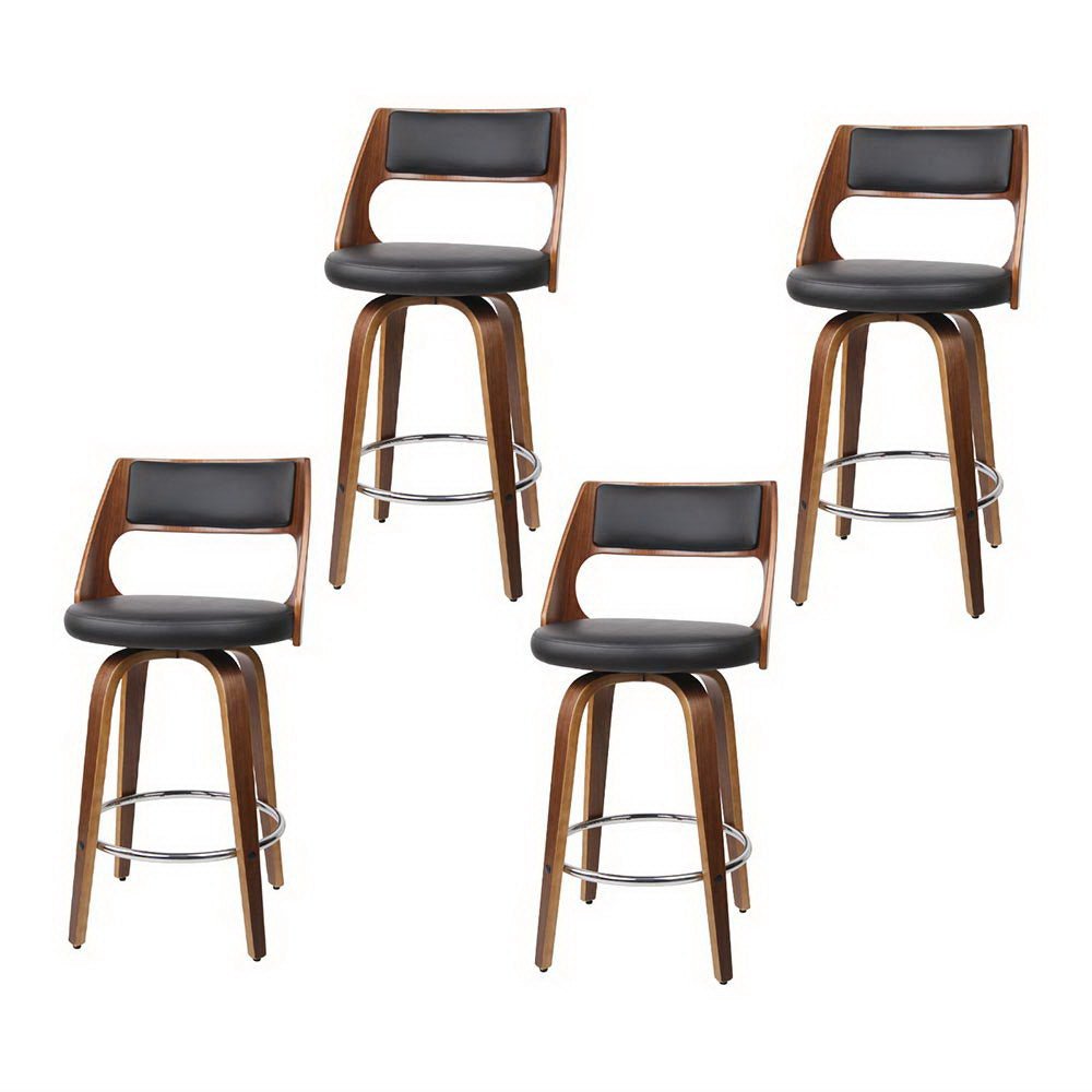 Jock Leather Timber Swivel Bar Stools 65cm Brown & Black (Set of 4) - Barstool Express