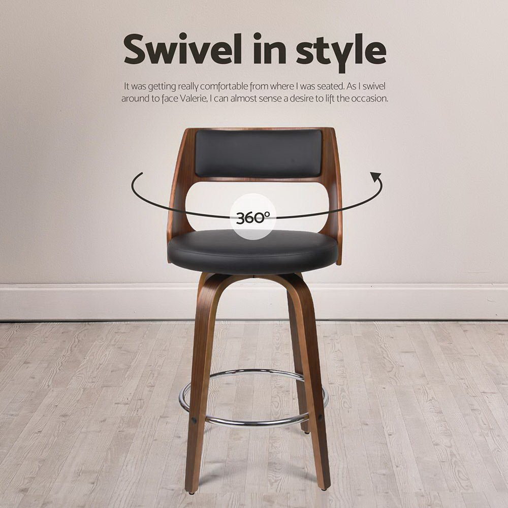 Jock Leather Timber Swivel Bar Stools 65cm Brown & Black (Set of 4) - Barstool Express