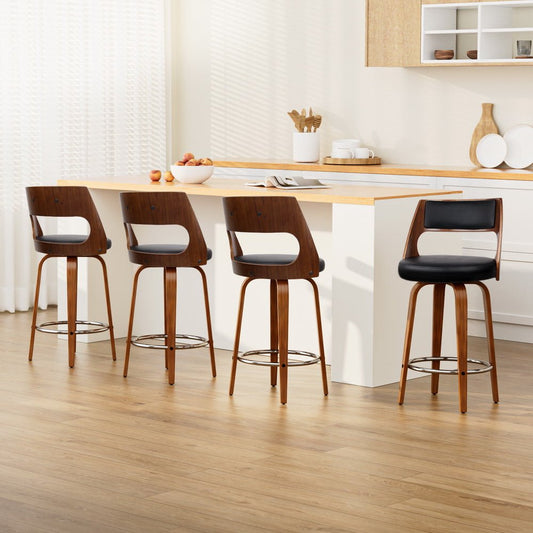 Jock Leather Timber Swivel Bar Stools 65cm Brown & Black (Set of 4) - Barstool Express