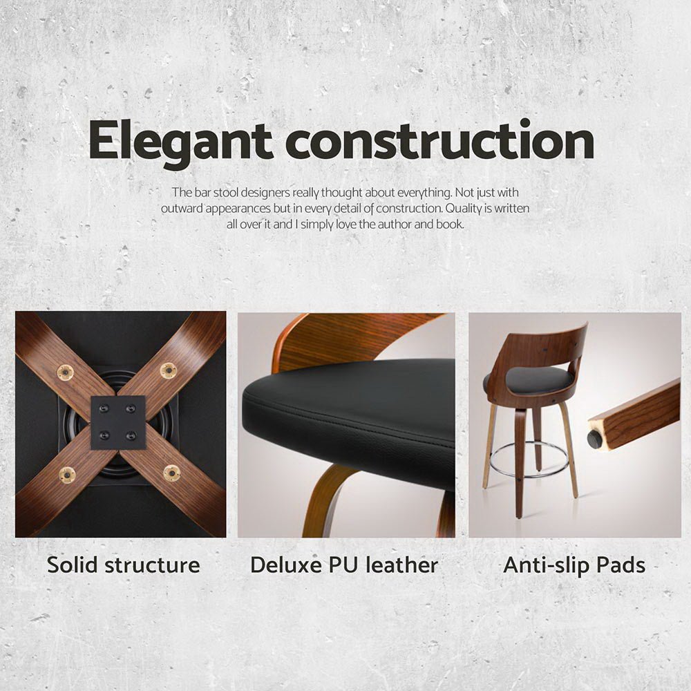 Jock Leather Timber Swivel Bar Stools 65cm Brown & Black (Set of 4) - Barstool Express