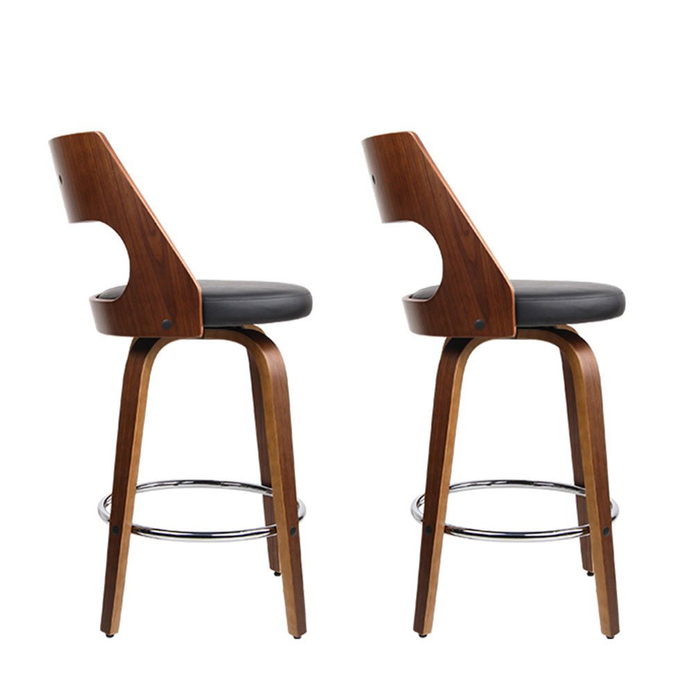 Jock Leather Timber Swivel Bar Stools 76cm Brown & Black (Set of 2) - Barstool Express