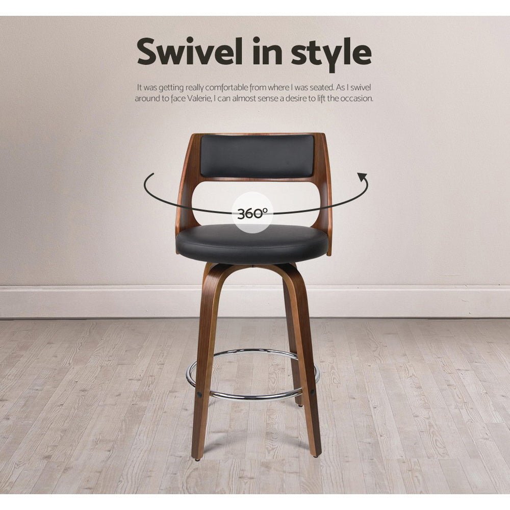 Jock Leather Timber Swivel Bar Stools 76cm Brown & Black (Set of 2) - Barstool Express