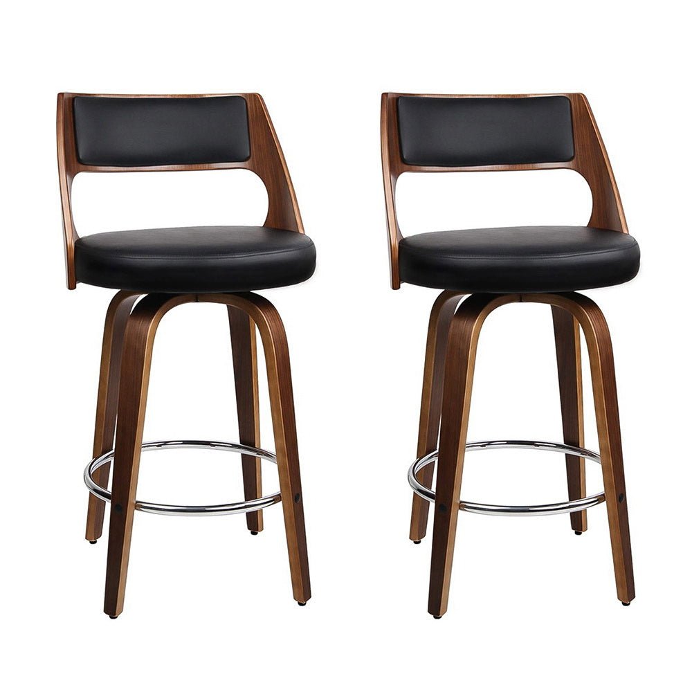 Jock Leather Timber Swivel Bar Stools 76cm Brown & Black (Set of 2) - Barstool Express
