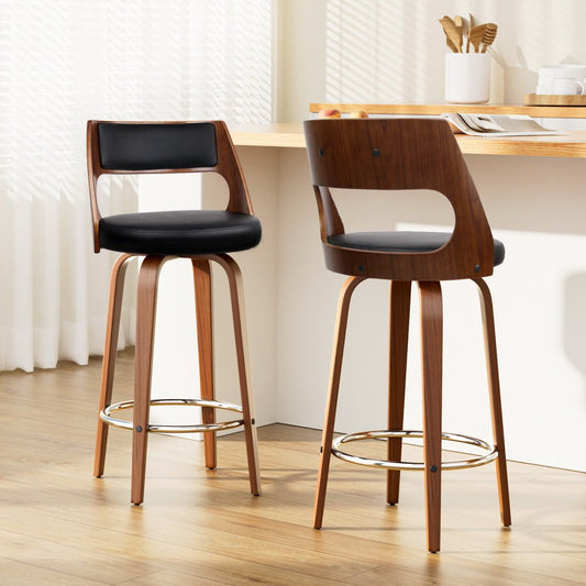 Jock Leather Timber Swivel Bar Stools 76cm Brown & Black (Set of 2) - Barstool Express